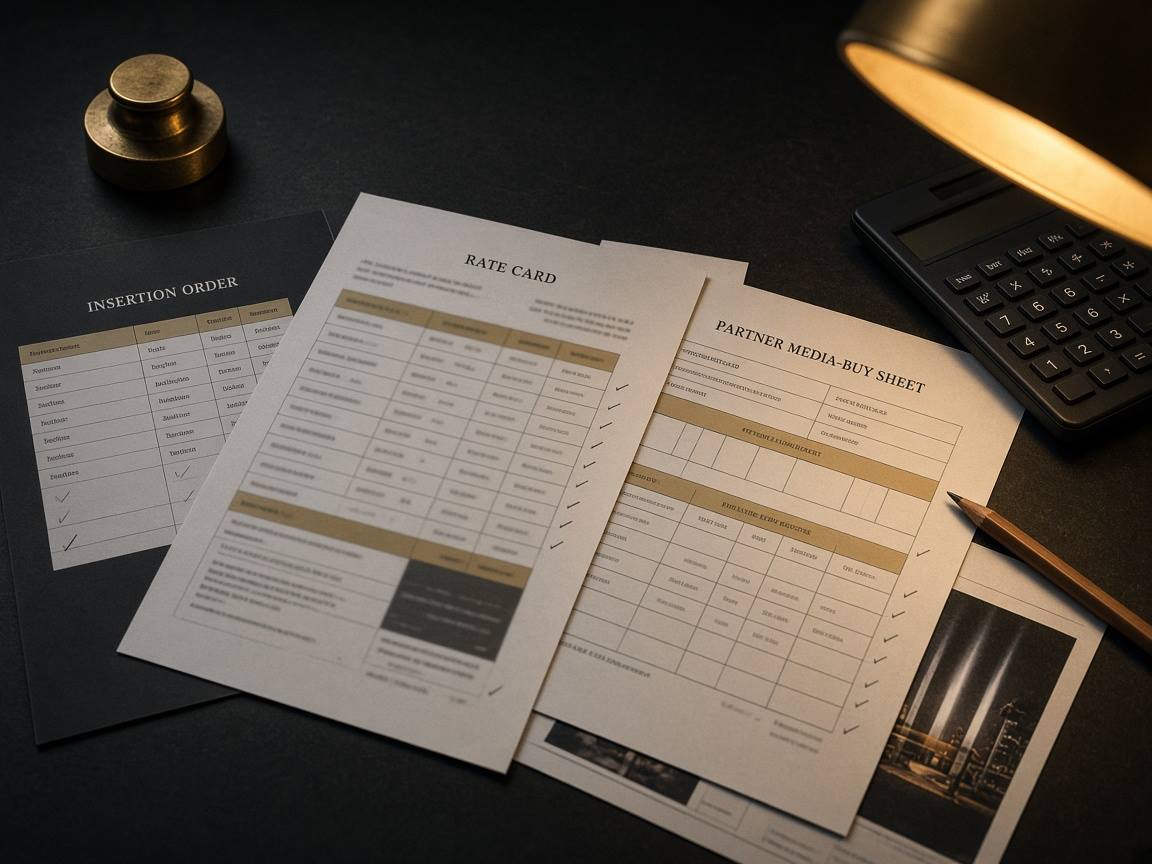 Insertion orders and partner rate sheets on the desk, pencil ticks in the margin, a brass weight.
